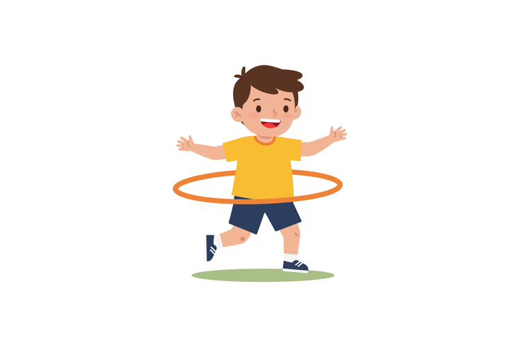 Happy child in a yellow shirt playing with a hula hoop in fl