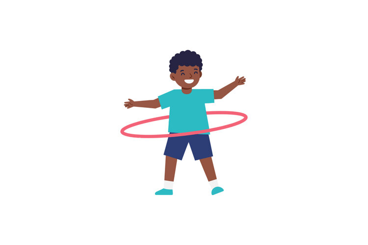 Happy boy playing with a hula hoop in a vibrant flat vector example image 1