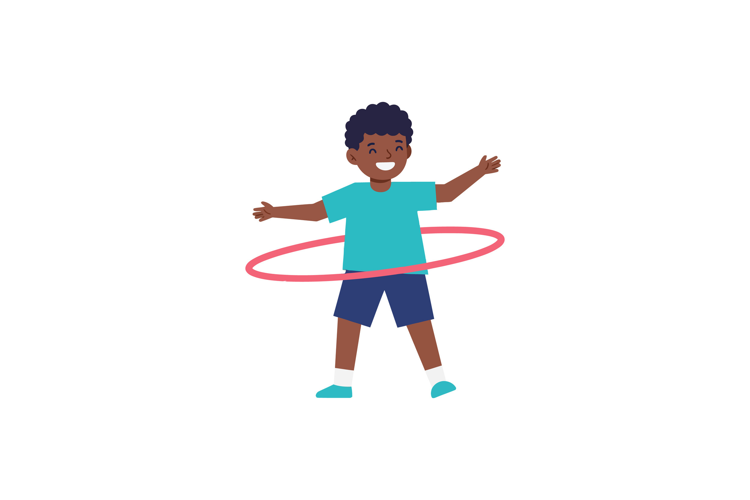 Happy boy playing with a hula hoop in a vibrant flat vector