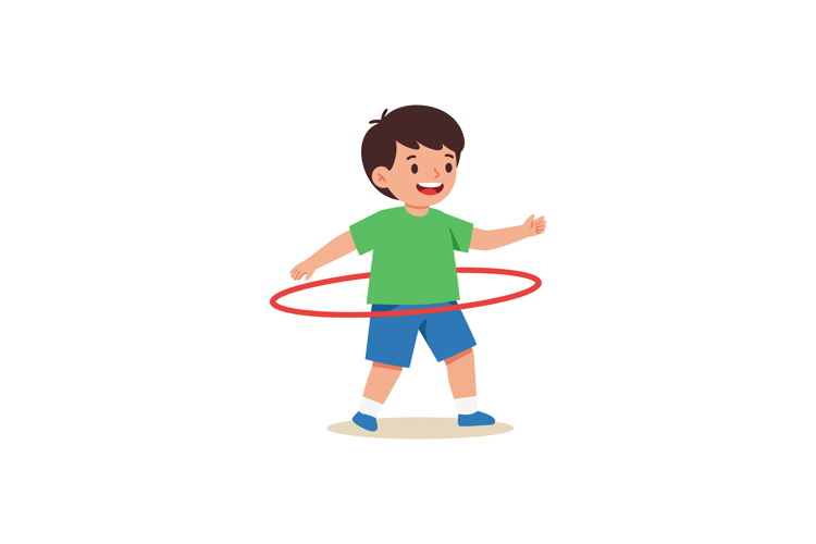 A cheerful boy enjoying hula hooping in a vibrant flat vecto