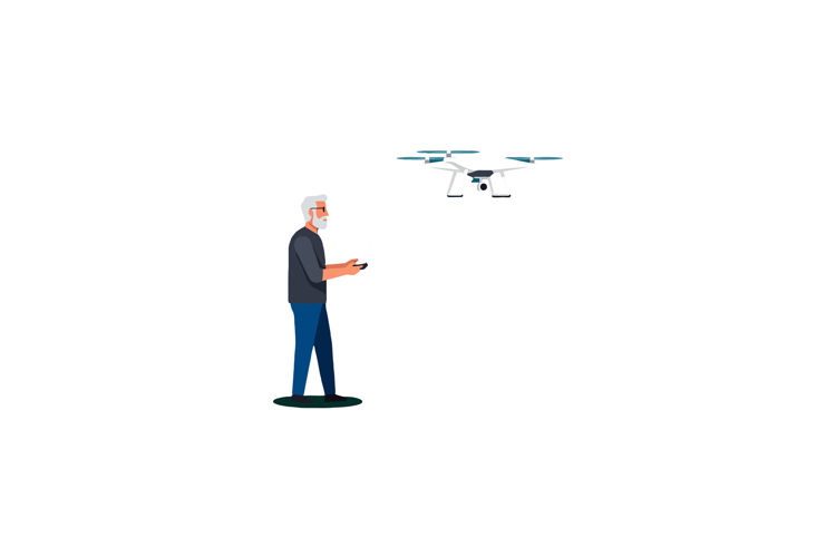 Elderly man operating a drone with focused expression in fla