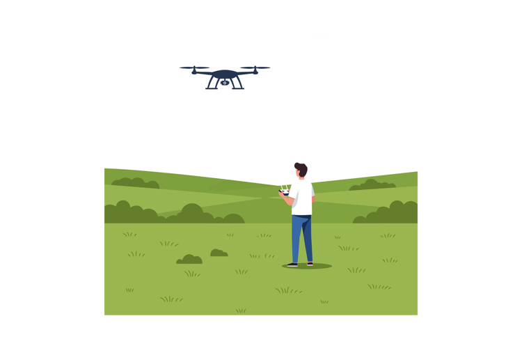 A person controlling a drone in a lush green field, flat vec