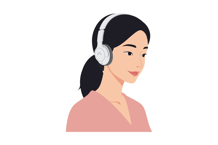 Young woman wearing white headphones in a thoughtful pose, f
