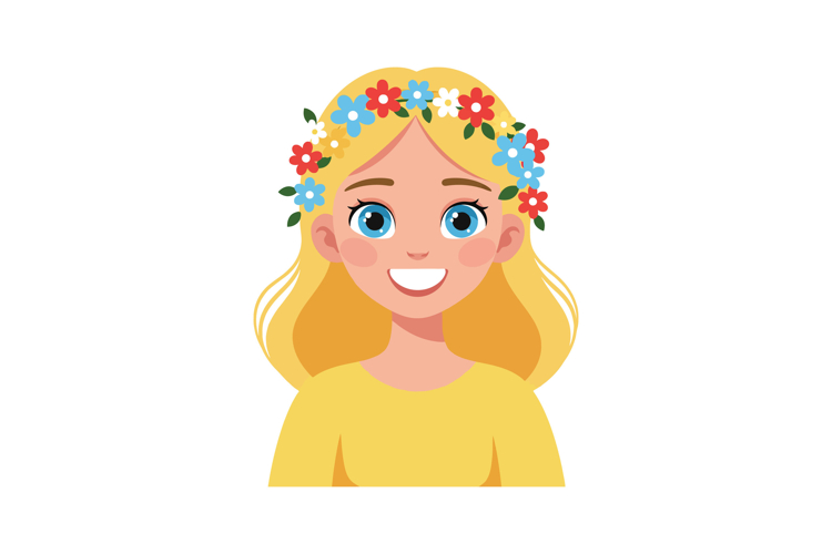 Cheerful young girl with a flower crown in a minimal flat de