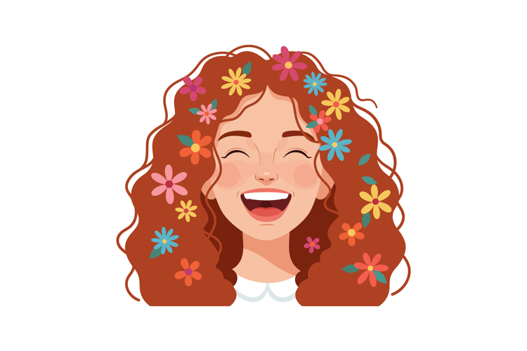 Happy young woman with curly red hair adorned with colorful