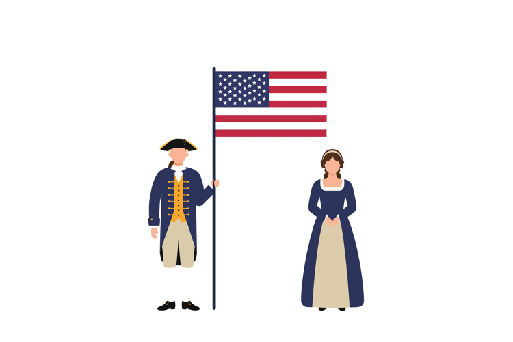 Historical figures holding American flag in flat style vecto
