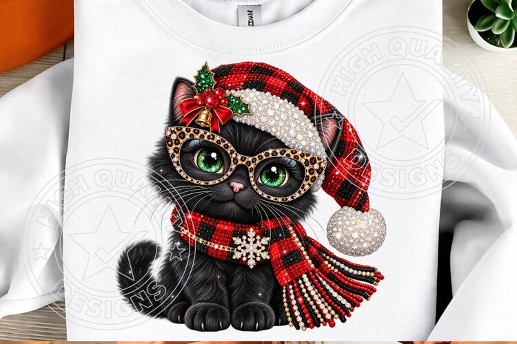 Rhinestone Black Cat Christmas Glam Santa Hat & Scarf Design example image 1