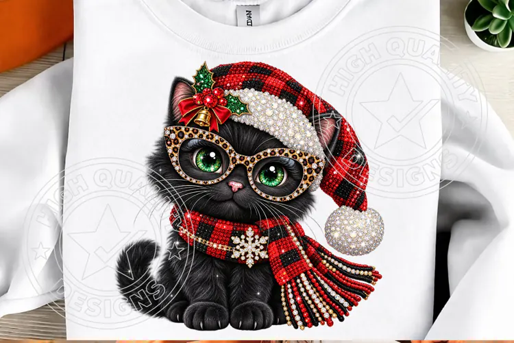 Rhinestone Black Cat Christmas Glam Santa Hat & Scarf Design