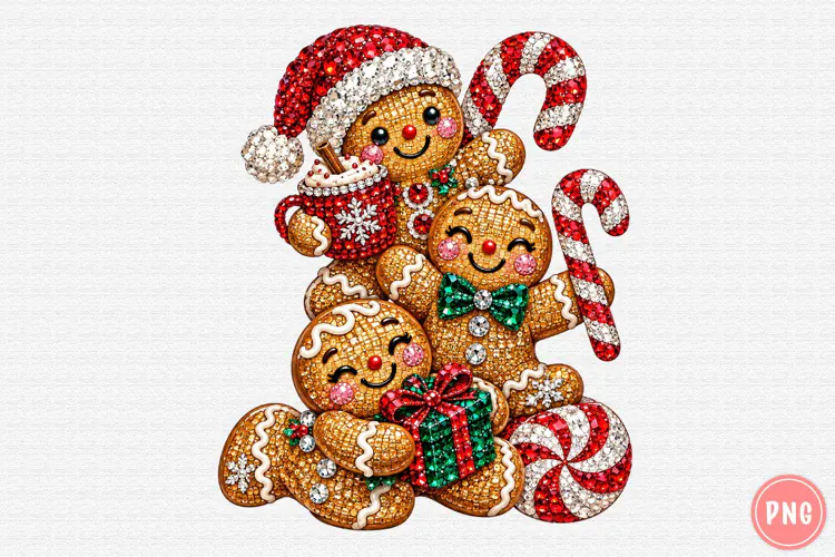 Rhinestone Christmas Gingerbread Family PNG