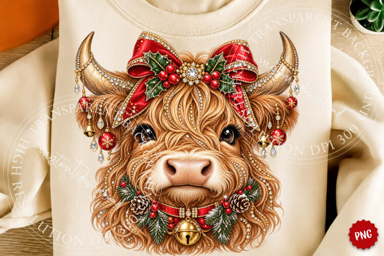 Rhinestone Christmas Highland Cow PNG example image 1