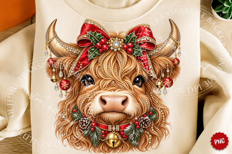 Rhinestone Christmas Highland Cow PNG