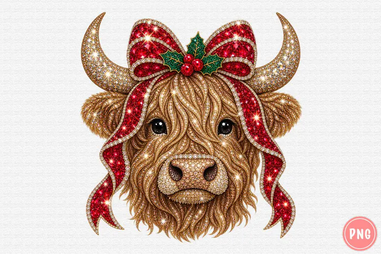 Christmas Highland Cow PNG | Rhinestone Glam Sublimation