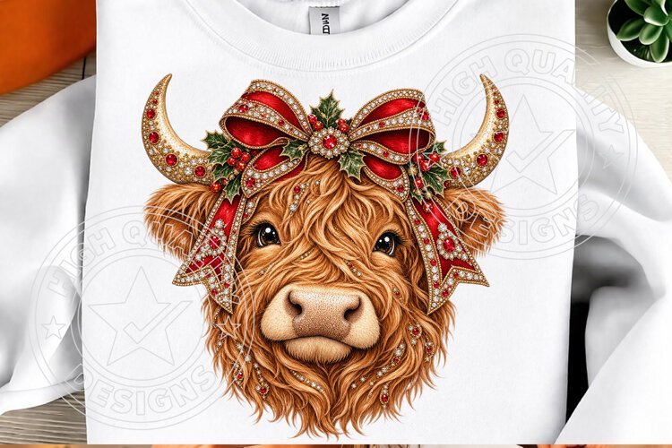Rhinestone Highland Cow Christmas Glam Holiday Bow Design example image 1