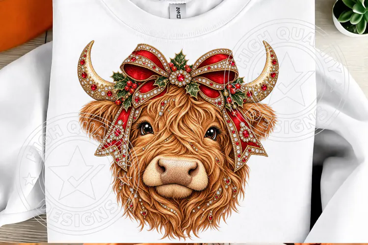 Rhinestone Highland Cow Christmas Glam Holiday Bow Design