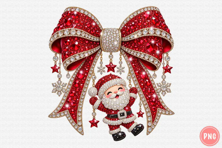 Rhinestone Santa Christmas Bow PNG | Coquette Sublimation
