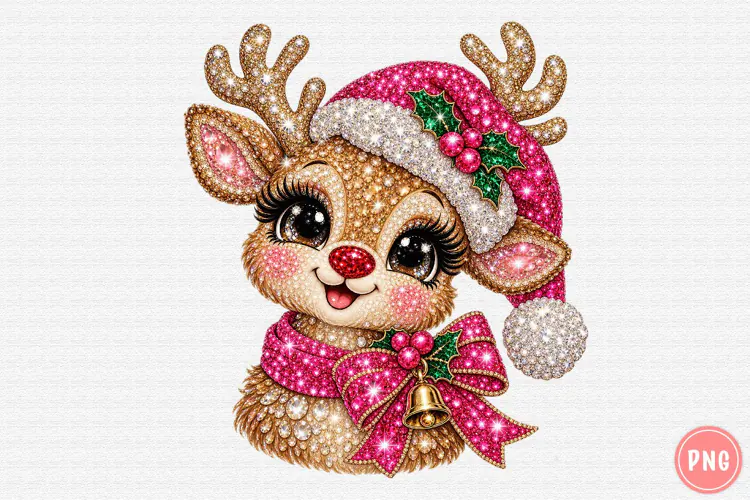 Pink Rhinestone Christmas Reindeer PNG | Coquette Bow Png