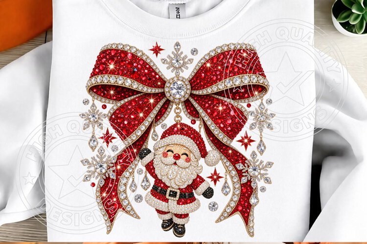 Rhinestone Santa Christmas Bow Glam Bling Holiday Design example image 1