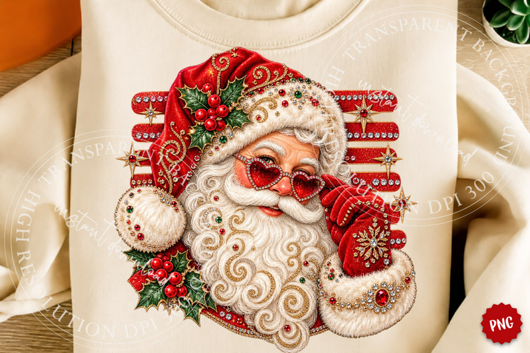 Rhinestone Santa Red Stripes Christmas Png