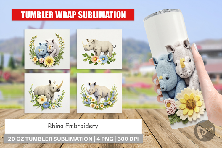 Tumbler Rhino Embroidery