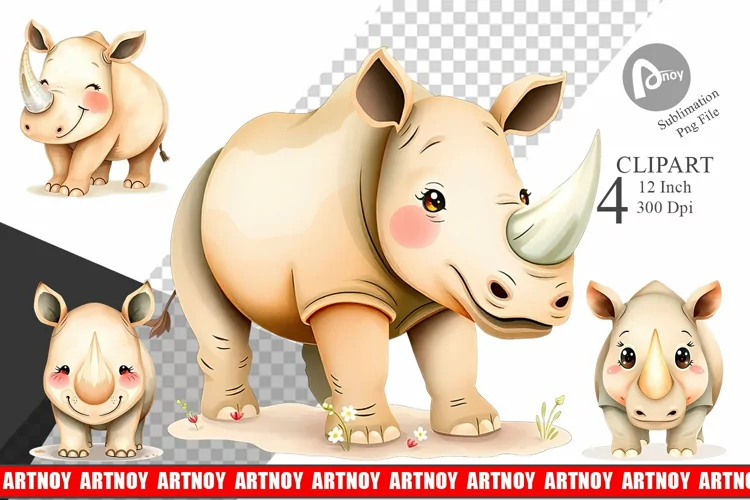 Watercolor Clipart Rhinoceros Wildlife