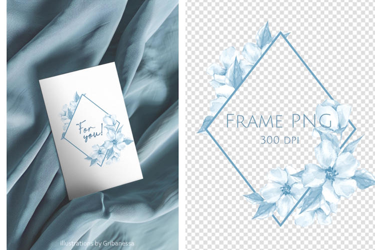 Rhombus Blue Watercolor Floral Frame PNG