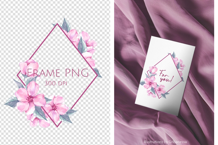 Rhombus Pink Floral Watercolor Frame PNG
