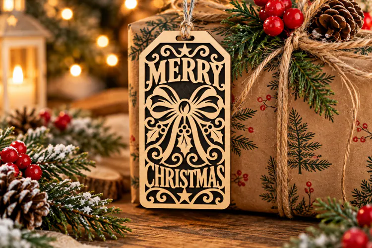 Ribbon Bow Tag SVG, Merry Christmas Laser Cut Gift Tag