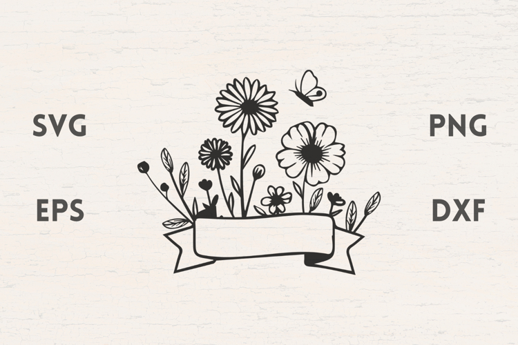 Banner with wildflowers and butterfly SVG