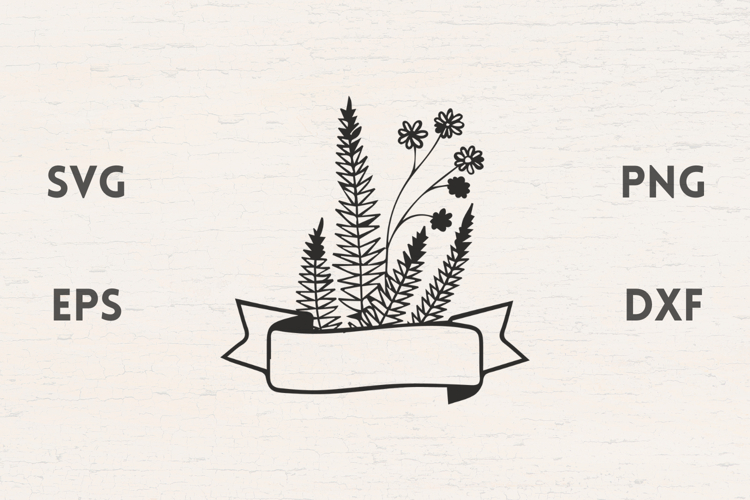 Ribbon with Fern and Flowers SVG