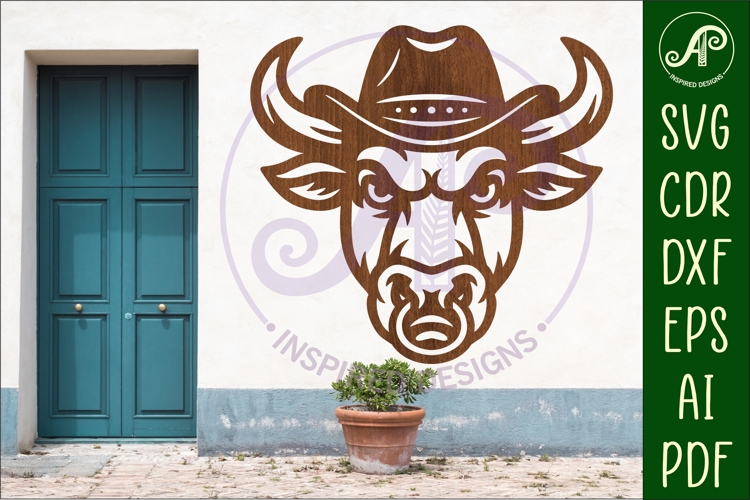 Bull head, Cowboy hat with ring wall art sign, SVG file
