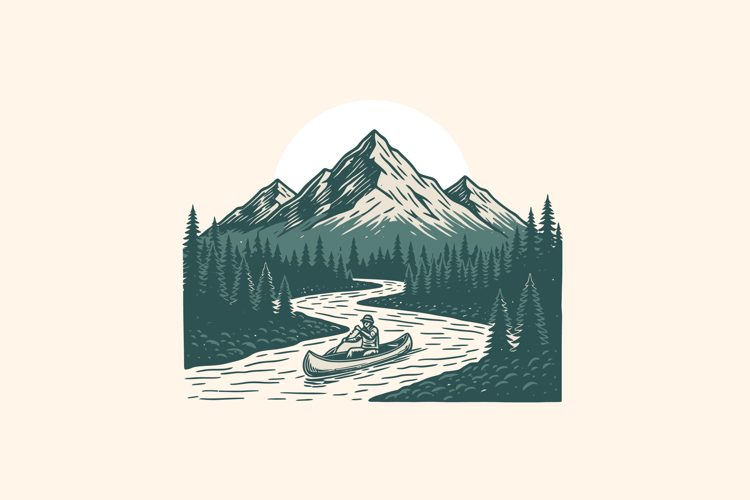 Vintage Canoe River Mountain Adventure Logo Illustration