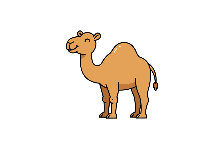 Happy camel standing in a cheerful pose, flat design, showca