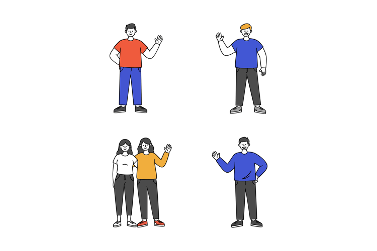 Four cheerful individuals in casual attire waving hello in m