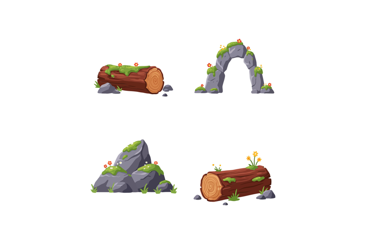 Natural wooden logs and rocky formations with green moss and