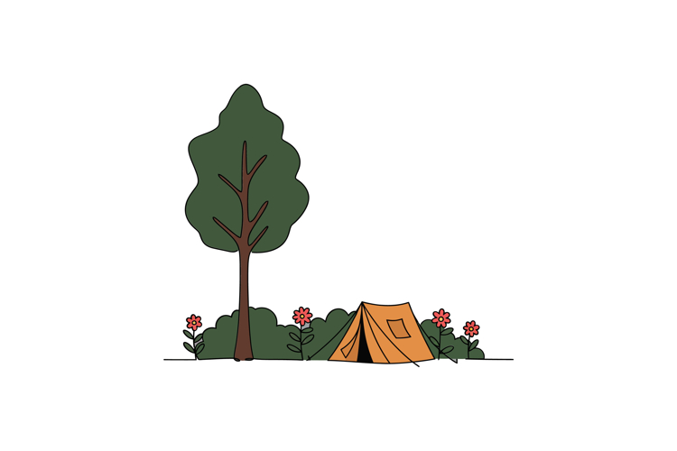 Camping scene with an orange tent beside a tall green tree a