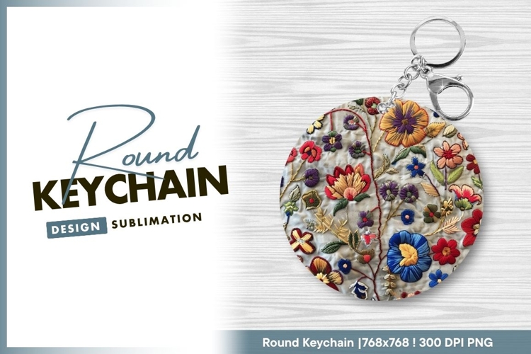 Embroidered Floral Design with Colorful round keychain png