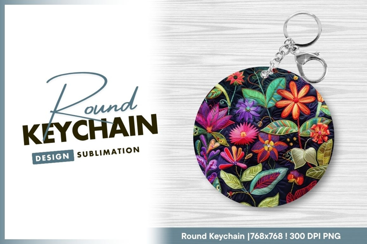 Embroidered Floral Design in a Circle Round Keychain