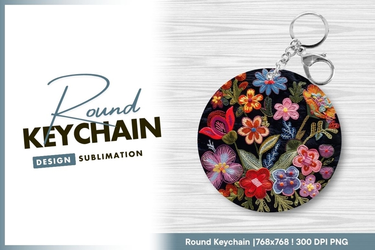 Embroidered Floral Design in a Circle with Round Keychain