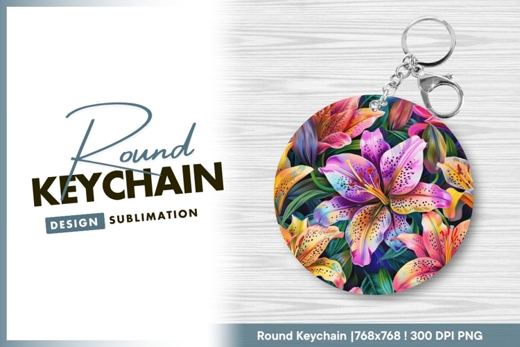 Colorful Lily Flowers Illustration on Gray Round Keychain