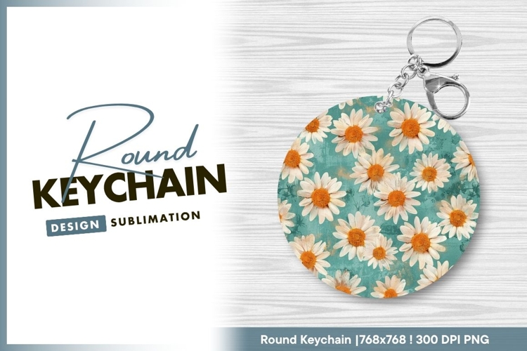 Daisy Flower Pattern on Teal Background Round Keychain Png