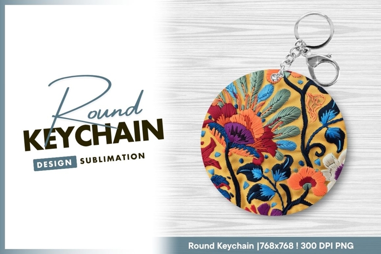 Colorful Embroidered Floral Design on Round Keychain