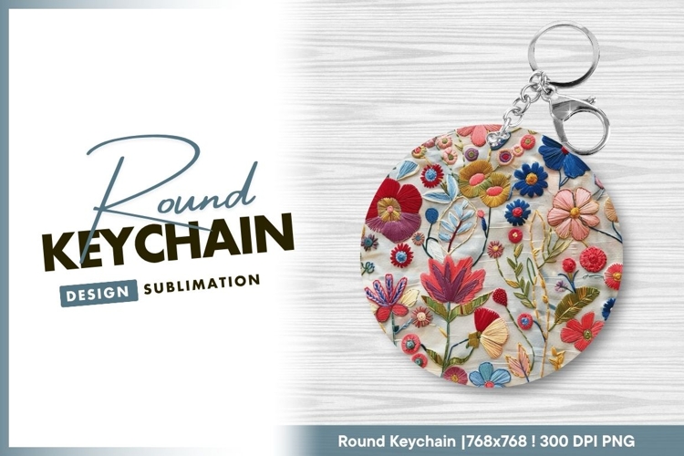 Colorful Hand Embroidered Floral Design Round Keychain