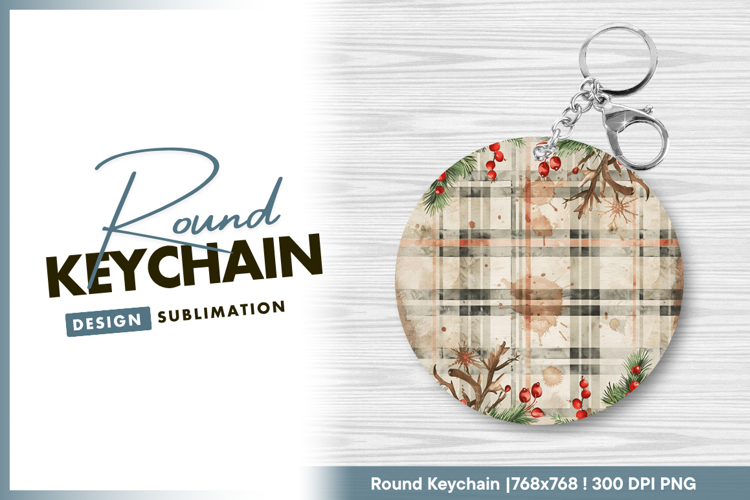Christmas plaid background with berries Round Keychain