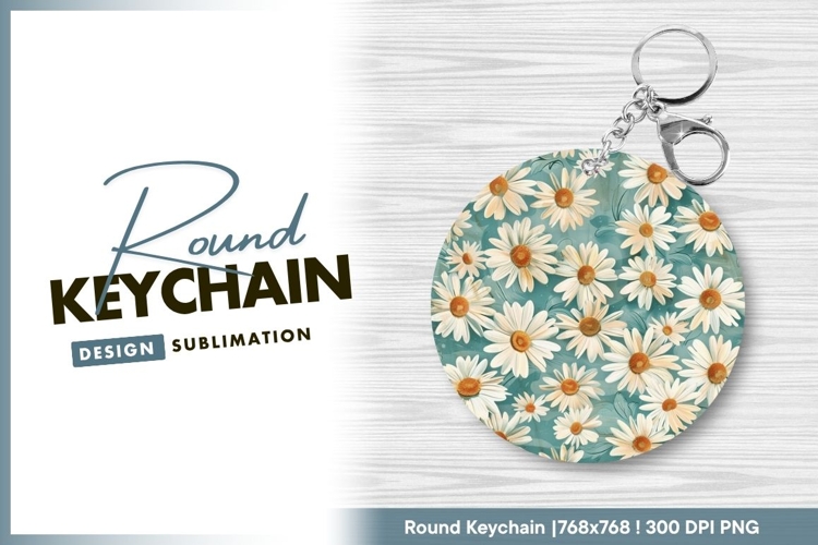 Daisy Flower Illustration on Teal Background Round Keychain
