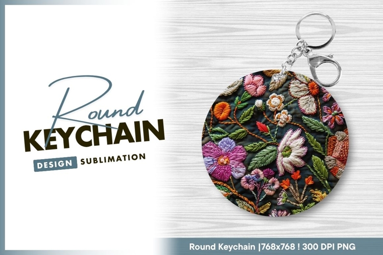 Colorful Embroidered Floral Design on Round Keychain Png