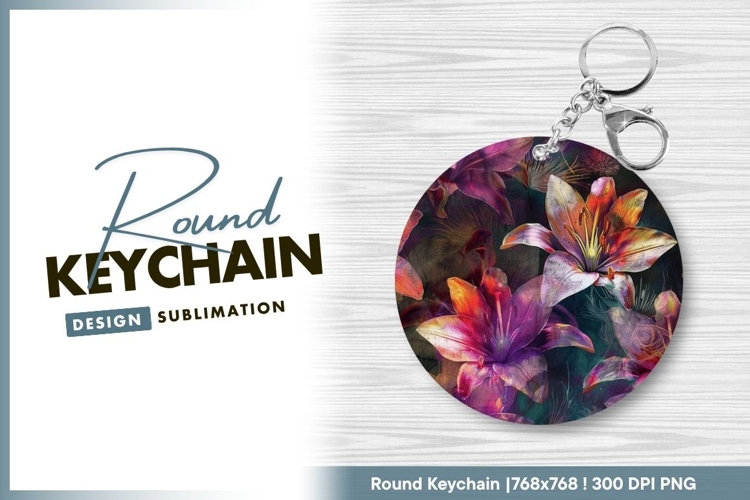 Vibrant Lily Flowers in Circle with Purple Round Keychain
