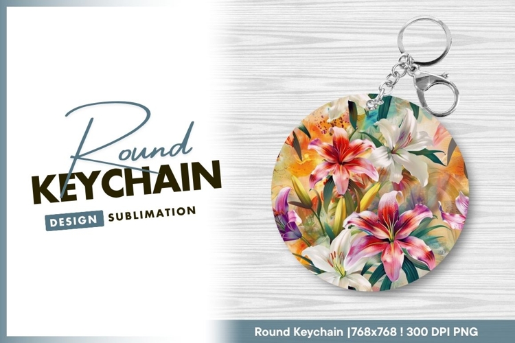 Floral Illustration of Lilies in a Round Keychain