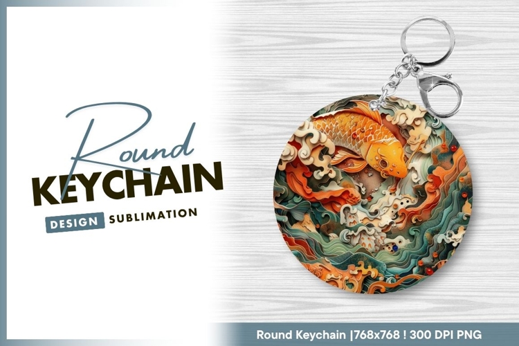 Orange Koi Fish Swimming in Stylized Water Round Keychain