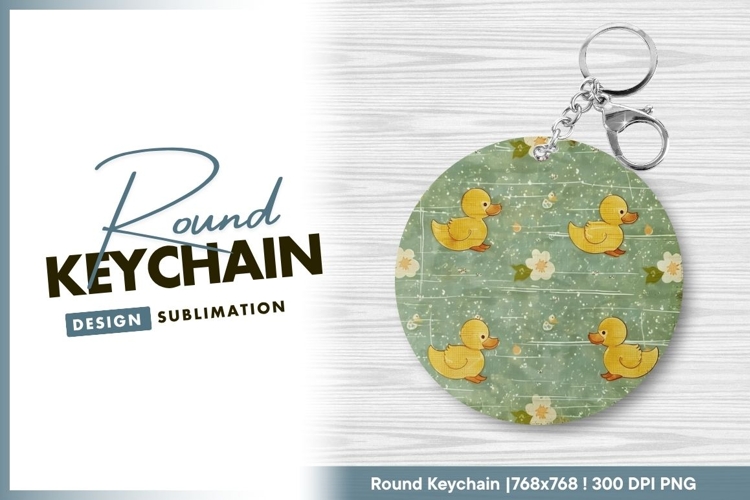 Yellow Ducklings and Flowers on a Green Round Keychain