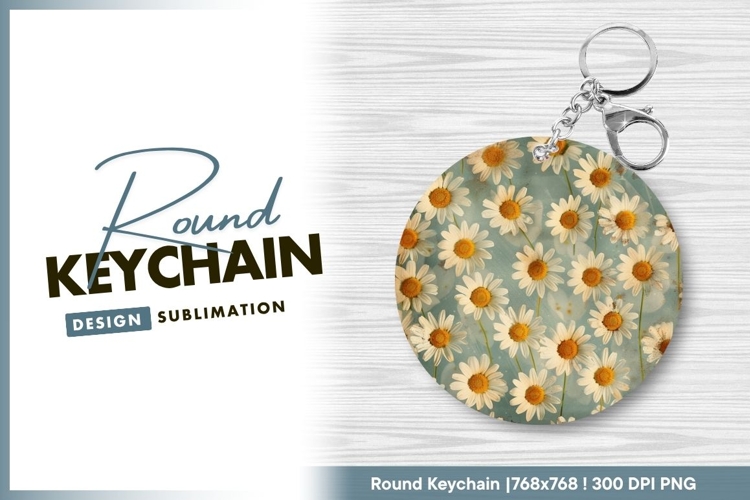Daisy Flowers on Blue Background Round Keychain Png